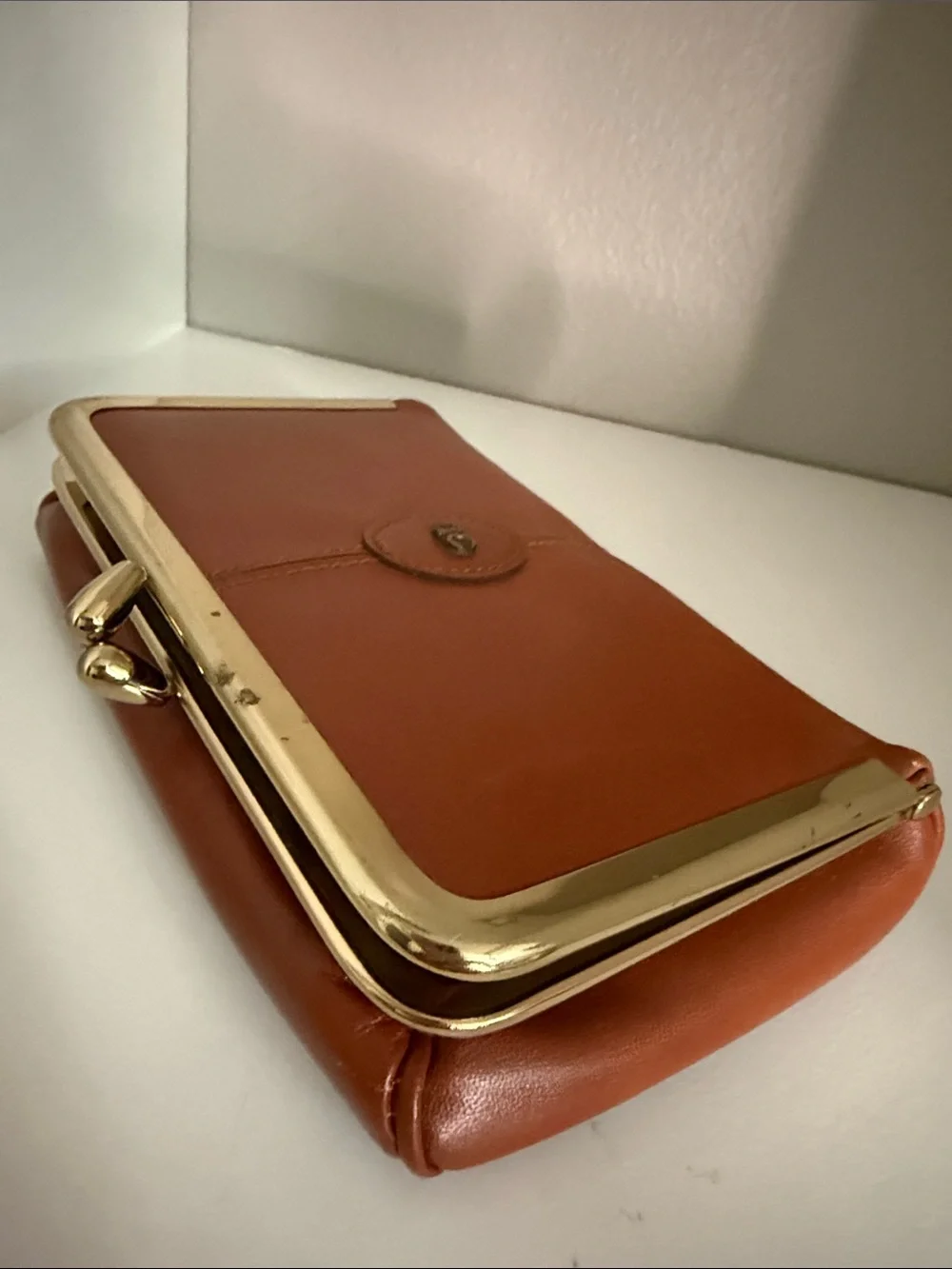 Classic Leather Clutch in Cognac with Gold Trim